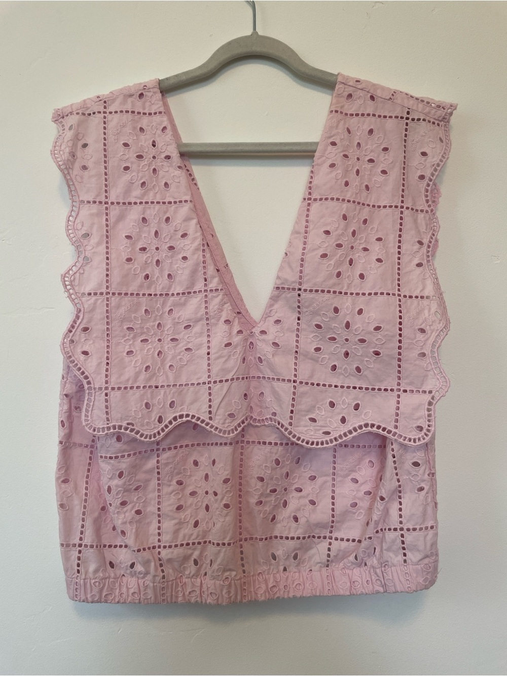 Ganni Pale Pink Eyelet Cotton V-Neck Cropped Blouse